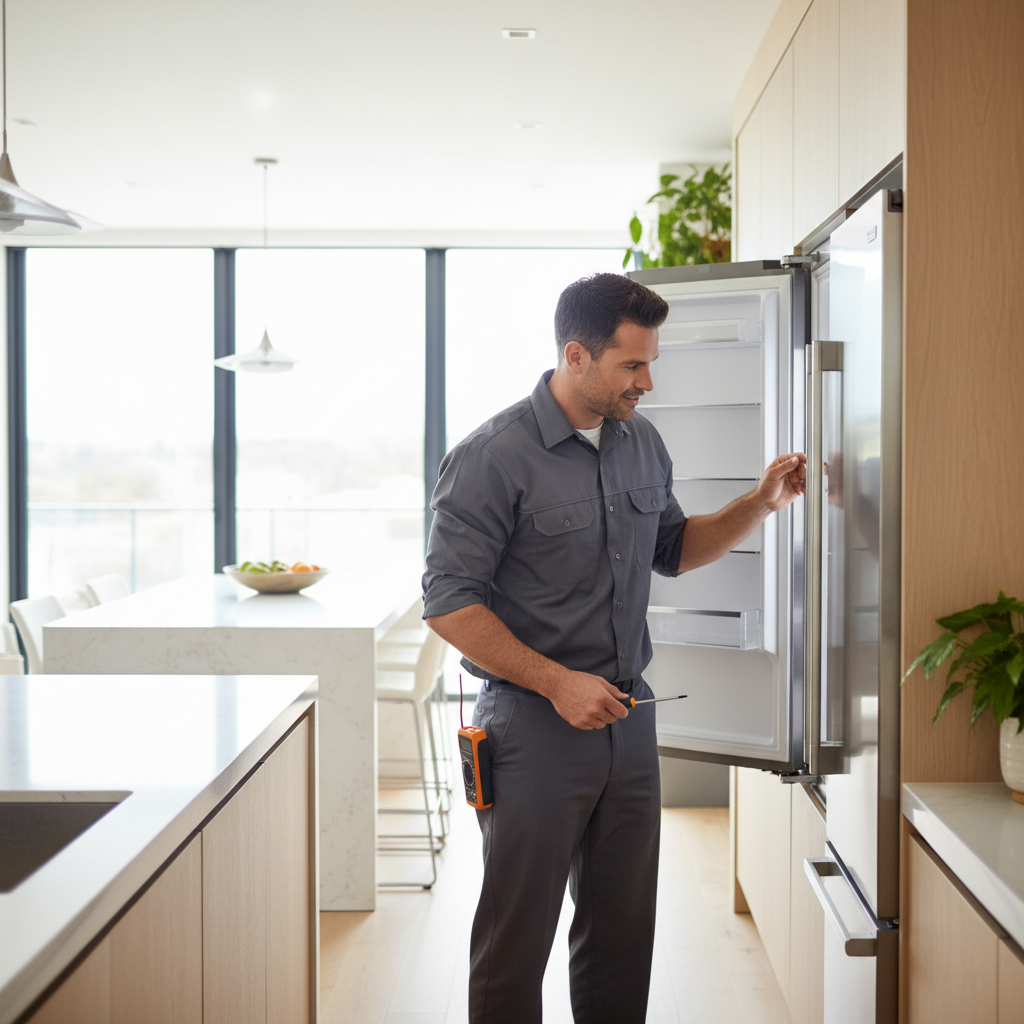 Professional appliance repair technician inspecting a built-in refrigerator